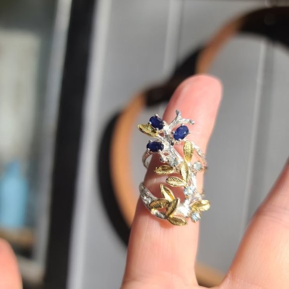 Sapphire & aquamarine sterling & gold finger cuff sz6.5 - Picture 8 of 11